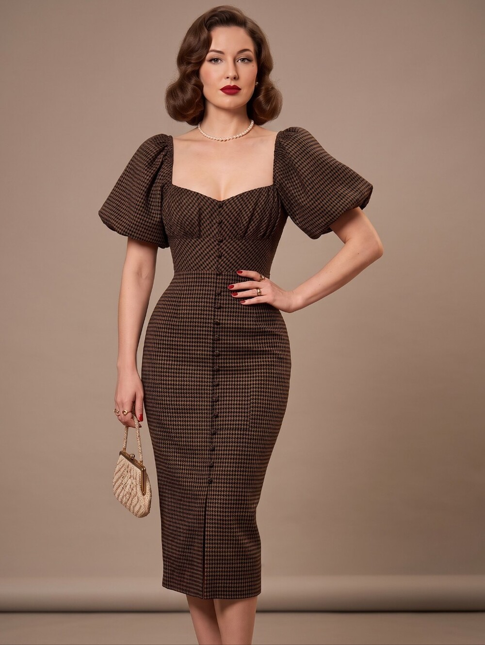 NWT! Antonio Melani Vintage-Inspired Brown Houndstooth Puff-Sleeve Midi Dress